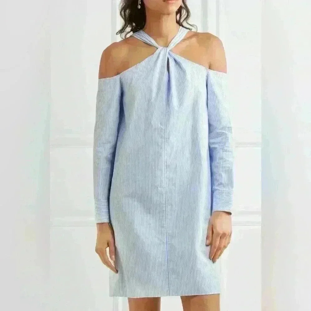 Rag & Bone Women's Collingwood Cold Shoulder Blue White Striped Dress Sz Large
